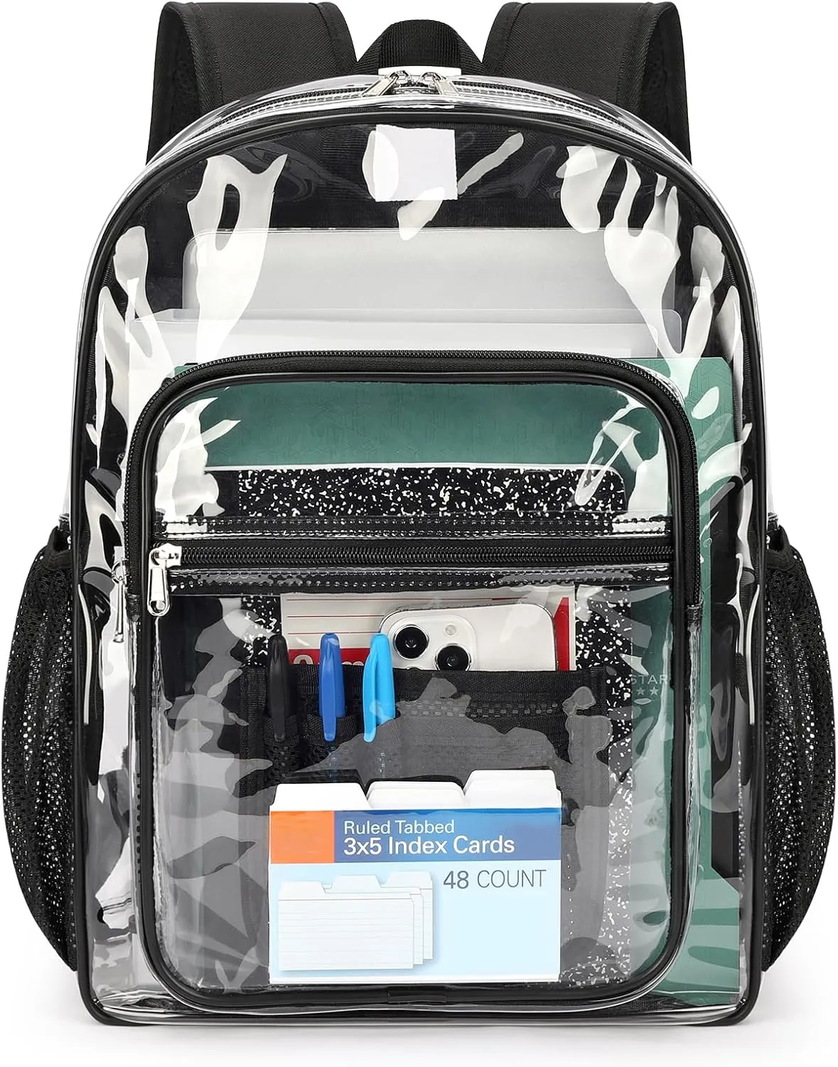 ZORFIN Clear Backpack Heavy Duty for Stadium Events - 17in PVC Large Clear Backpacks for School, See Through Bookbag for Student Boys Girls Transparent Bag for Men Women, College Concert Work - Black