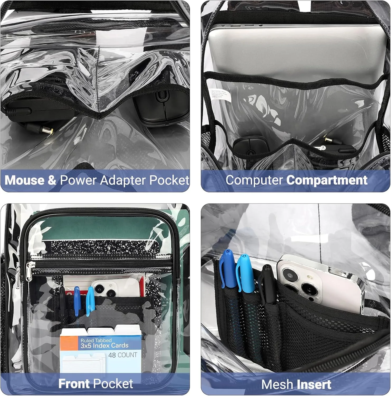 ZORFIN Clear Backpack Heavy Duty for Stadium Events - 17in PVC Large Clear Backpacks for School, See Through Bookbag for Student Boys Girls Transparent Bag for Men Women, College Concert Work - Black