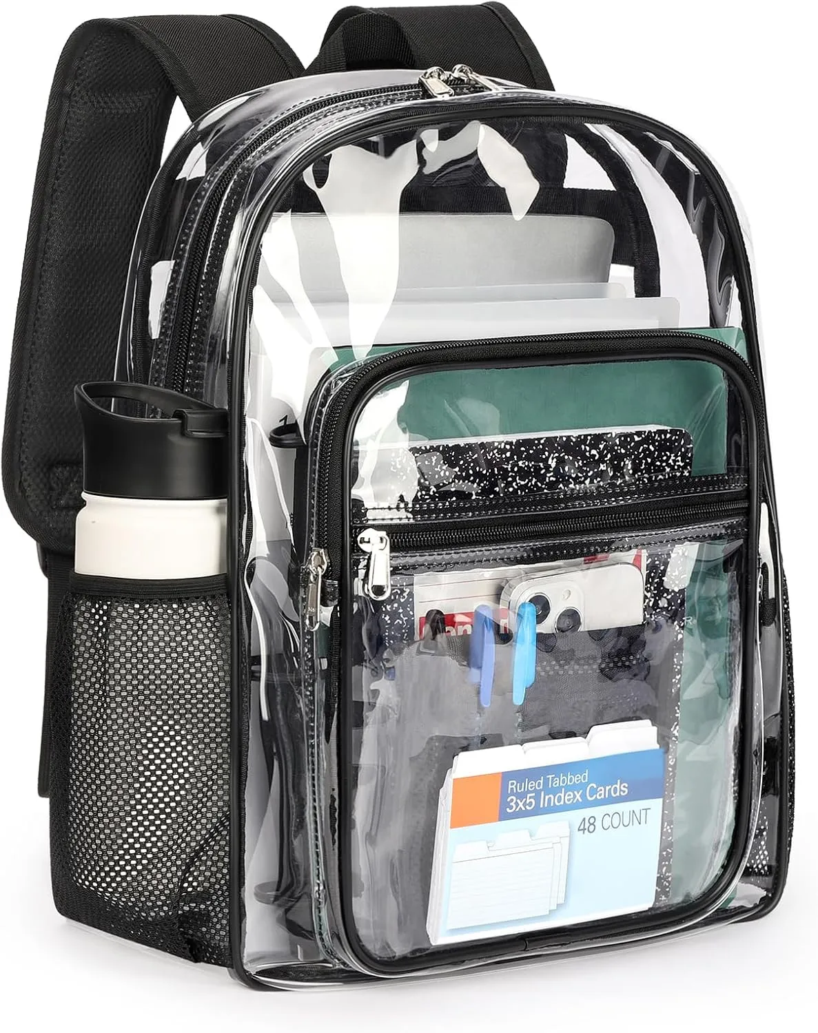ZORFIN Clear Backpack Heavy Duty for Stadium Events - 17in PVC Large Clear Backpacks for School, See Through Bookbag for Student Boys Girls Transparent Bag for Men Women, College Concert Work - Black