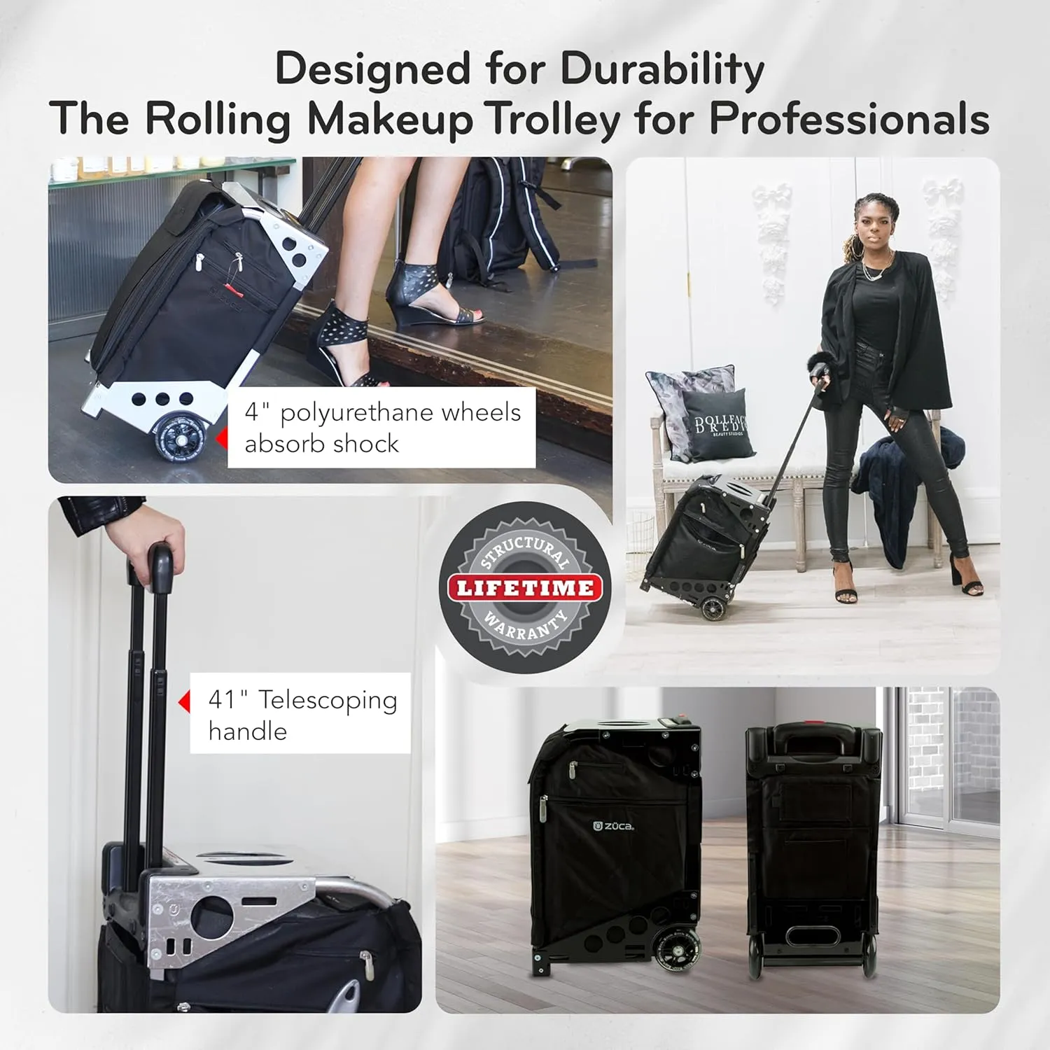 ZUCA Travel Cases for Artists and Professionals - Makeup Case with 5 Vinyl Utility Pouches, Travel Cover, 41" Telescoping Handle, Rolling Wheels & Sturdy Aluminum Frame for Makeup Artists and Creative