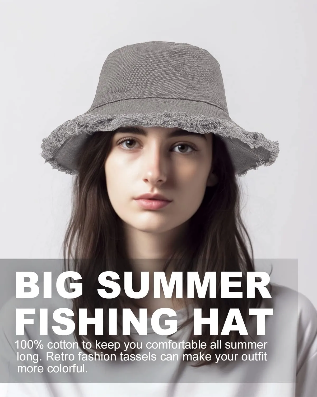 Zylioo 2XL/XL/L Frayed Bucket Hats, M/S/XS Tassel Floppy Travel Hats,2 in 1 Cute Fringe Fishing Sun Hat Small Heads